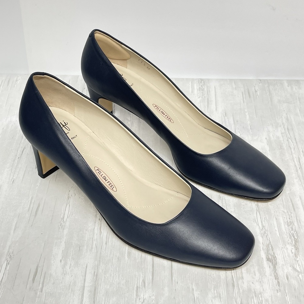 Almafi By Rangoni Navy Leather Pumps Square Toe Pillow Feel Made In Italy 11.5 M